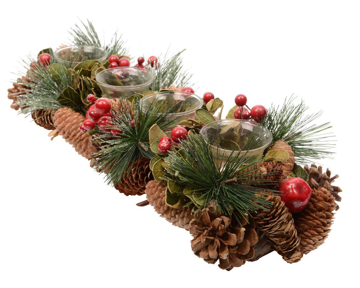 Kaemingk Dekokranz, Adventsgesteck länglich Teelichthalter Glas 45cm grün rot