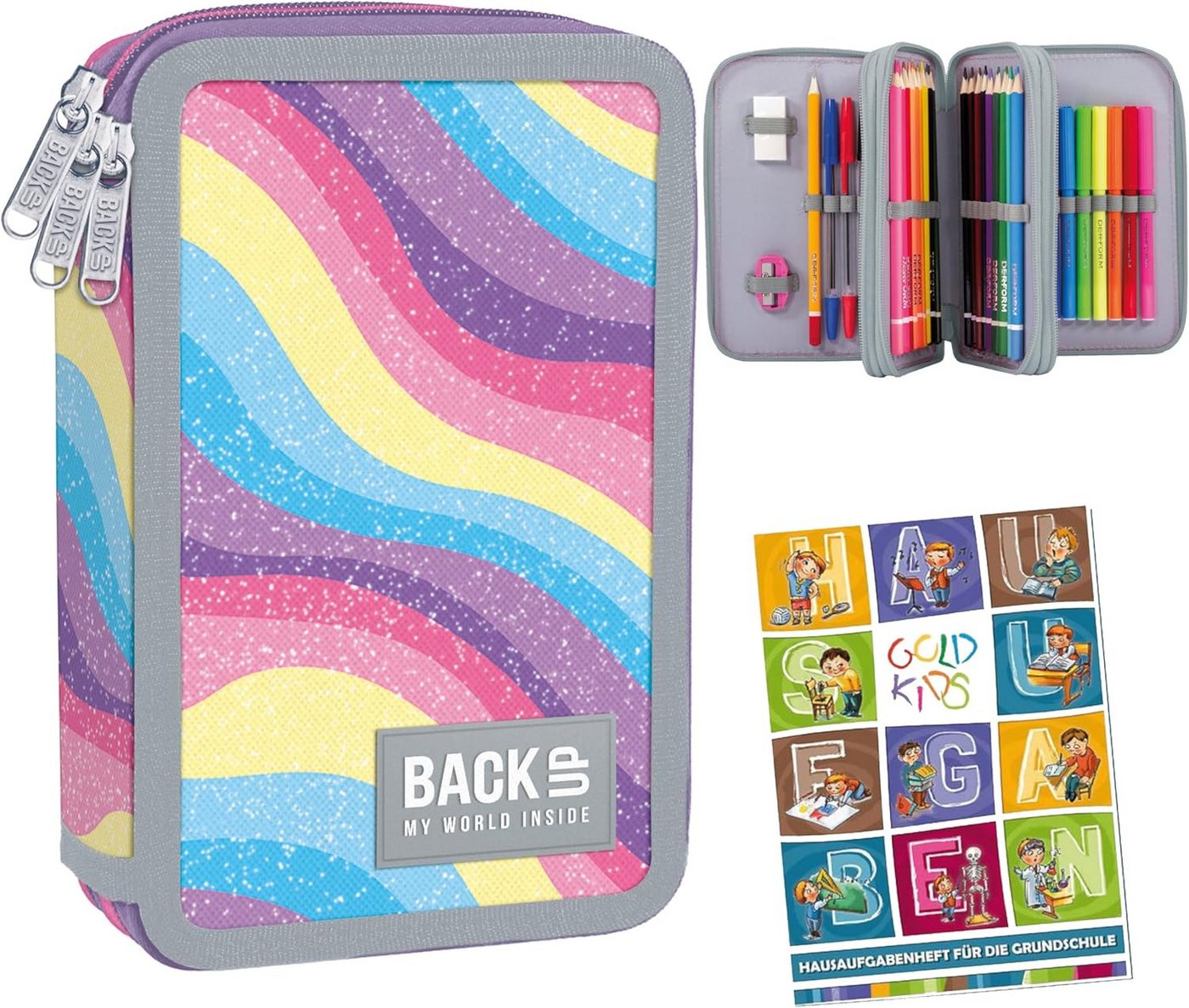 GOLDKIDS Federmäppchen 3 Fächer - Mäppchen für Mädchen - Federmappe, (Mäppchen für Mädchen - Federmappe, 1-tlg., 3-Fach Federtasche Gefüllte Schüleretui), Hausaufgabenheft Bild 3