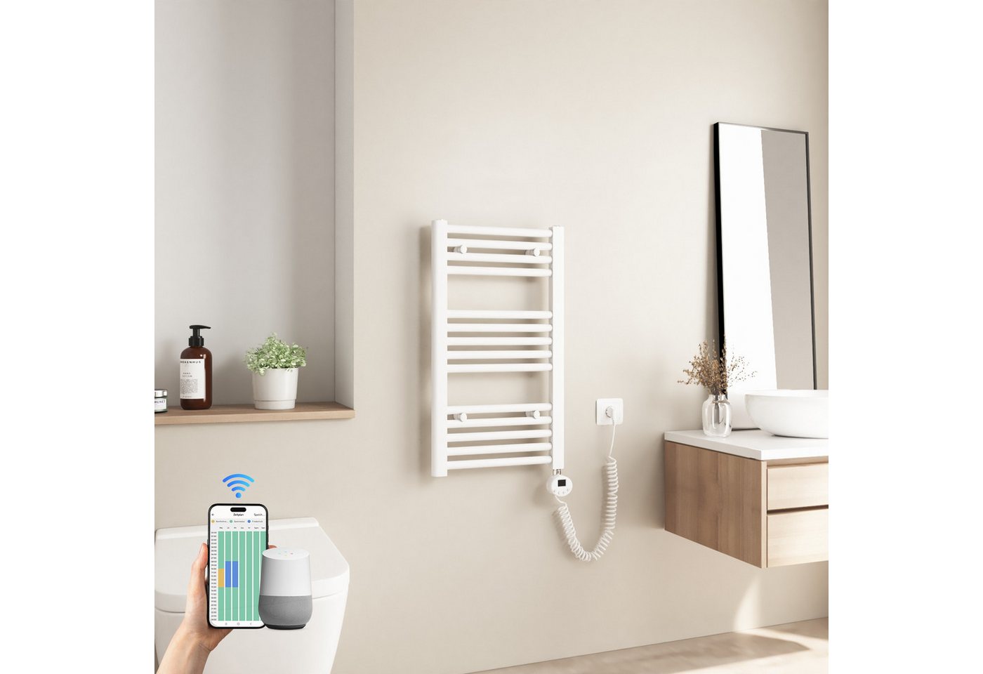 MEYKOERS Elektrischer Badheizkörper mit Smart WLAN Thermostat Heizstab, 250W, Intelligente App/Sprachsteuerung, Weiß, Geeignet für 3 m² Bild 2