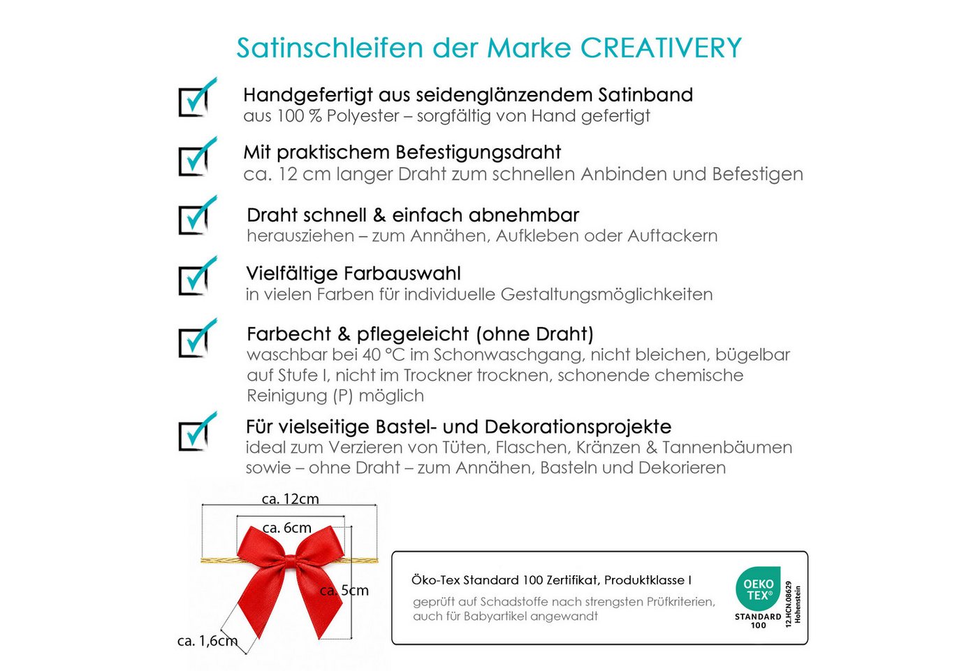 Creativery Streudeko, Satinschleifen 5cm mit entfernbarem Draht 10 Stück Weiß