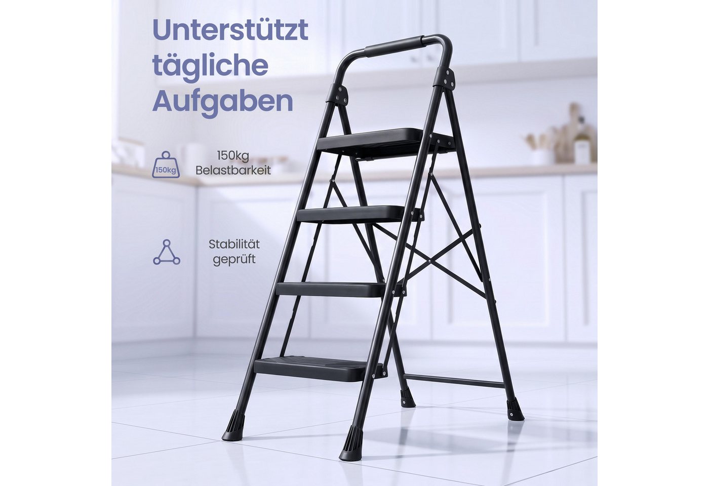 SONGMICS Trittleiter Klapptritt aus Stahl Klappbar mit Handlauf, 4 Stufen Stahlleiter für Haushalt, 150 kg Belastbar, Rutschfest Bild 2