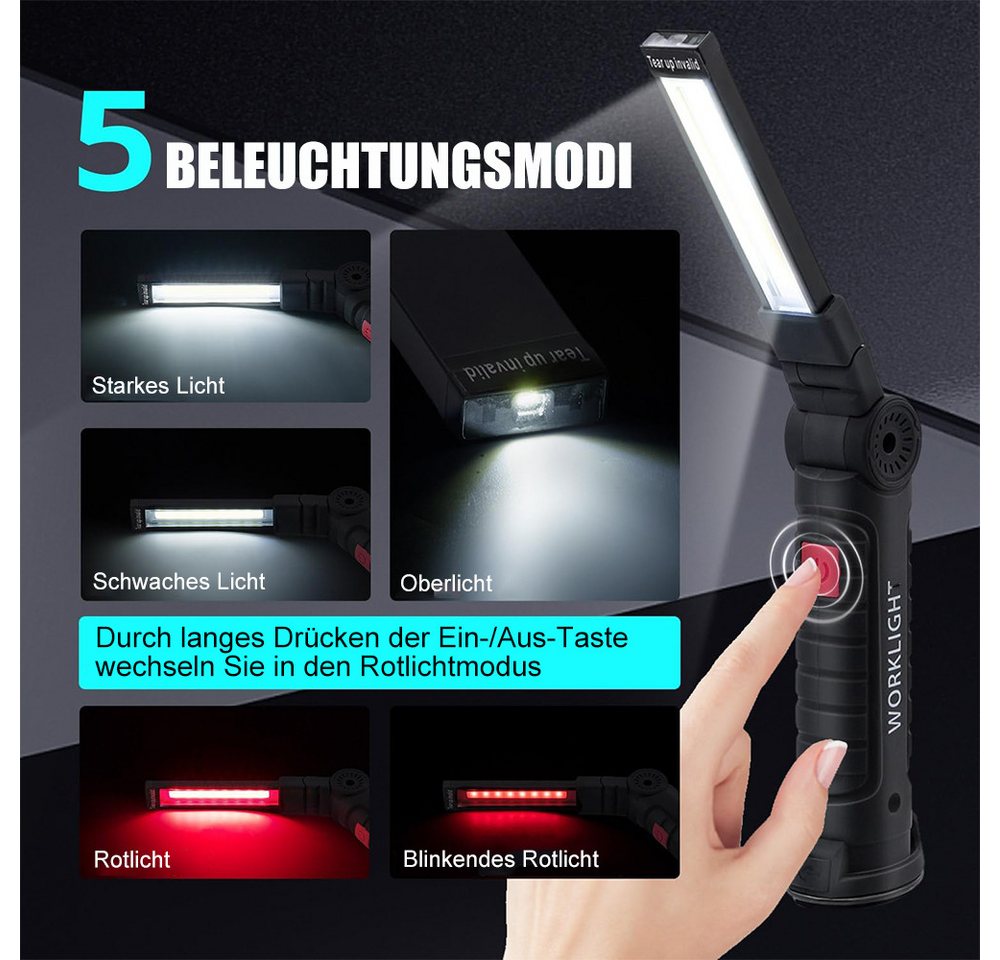 AFKSMILE LED Arbeitsleuchte 2 Stück LED Arbeitsleuchte, Werkstattlampe mit Magnetfuß & Haken, 5 Modi USB Taschenlampe für KFZ Reparatur, Werkstatt, Camping, Notfall Bild 2