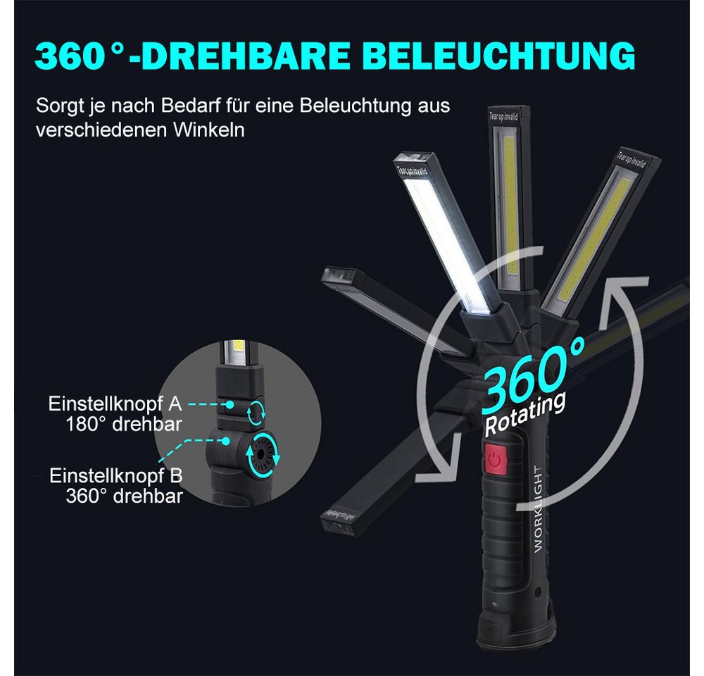 AFKSMILE LED Arbeitsleuchte 2 Stück LED Arbeitsleuchte, Werkstattlampe mit Magnetfuß & Haken, 5 Modi USB Taschenlampe für KFZ Reparatur, Werkstatt, Camping, Notfall Bild 3