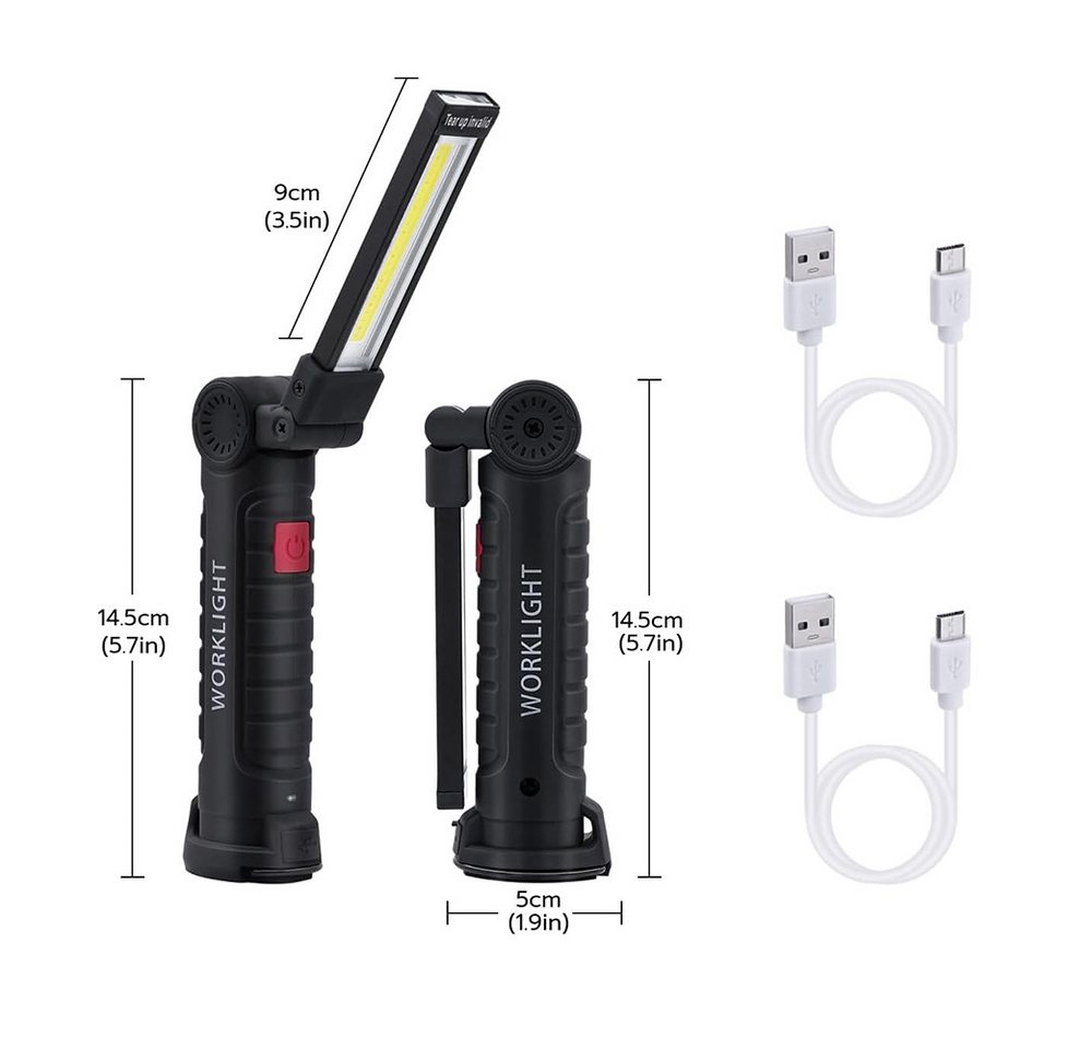 AFKSMILE LED Arbeitsleuchte 2 Stück LED Arbeitsleuchte, Werkstattlampe mit Magnetfuß & Haken, 5 Modi USB Taschenlampe für KFZ Reparatur, Werkstatt, Camping, Notfall Bild 5