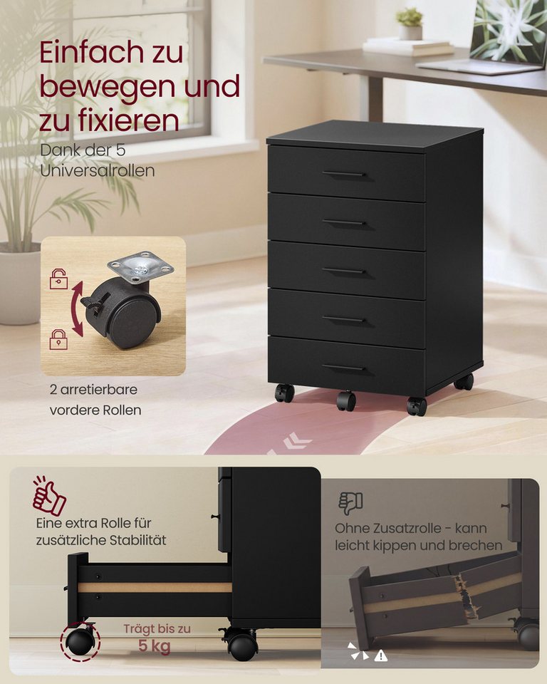 VASAGLE Rollcontainer mobiler Aktenschrank, Schubladenschrank, für Büro, Homeoffice, mit schraubenlosen Gleitschienen, Druckerständer Bild 4