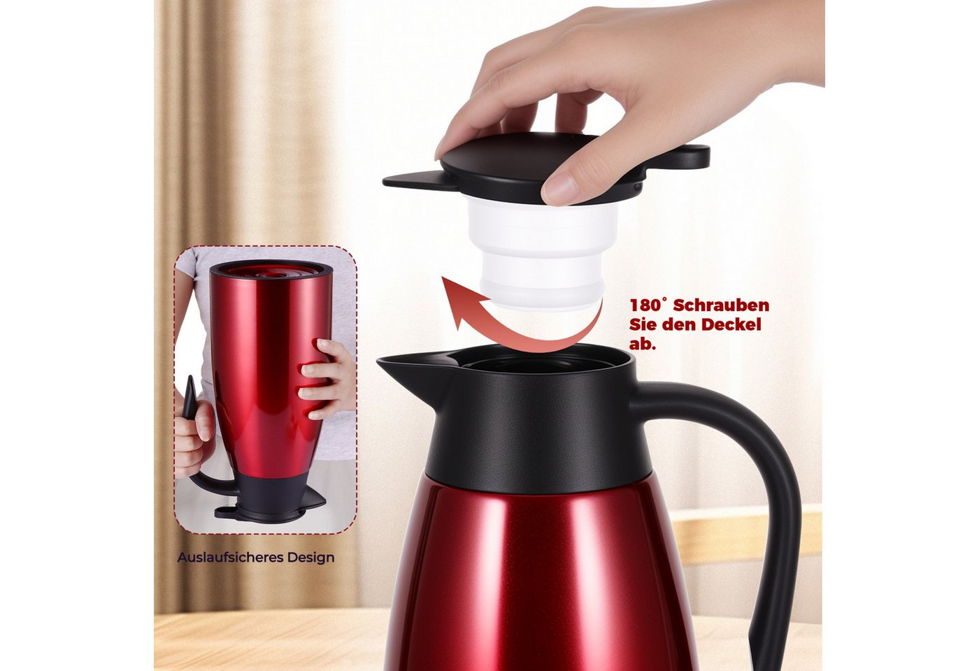BlingBin Isolierkanne 2,1L Doppelwandige Vakuumisolierung Kaffeekanne, Thermoskanne, 2.1 l, (304 Edelstahl Isolierte Wasserkocher mit Auslaufsicherem Deckel, 24 Stunden Wärmedämmung, 1-St., Produktmaße: 13,5 × 25,5 cm), Teekanne Thermo für Büro, Zuhause, Kaffee, Milch, Tee, Getränke Bild 5