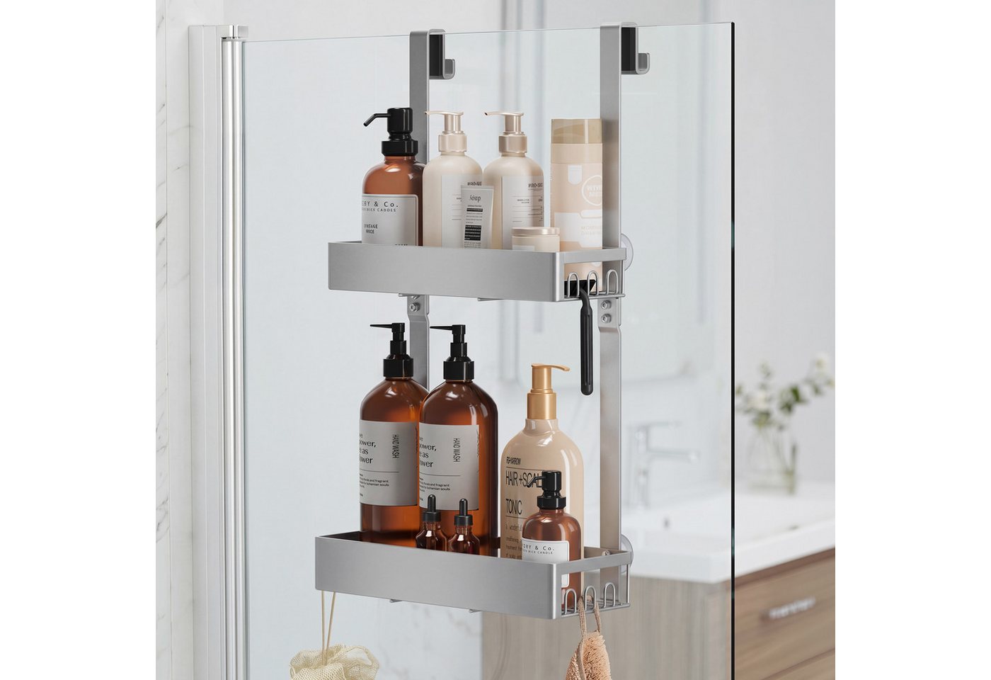 SONGMICS Duschablage Duschregal, 31,5 x 15,5 x 56 cm, 2 Ebenen Badezimmer Organizer mit Haken Bild 3