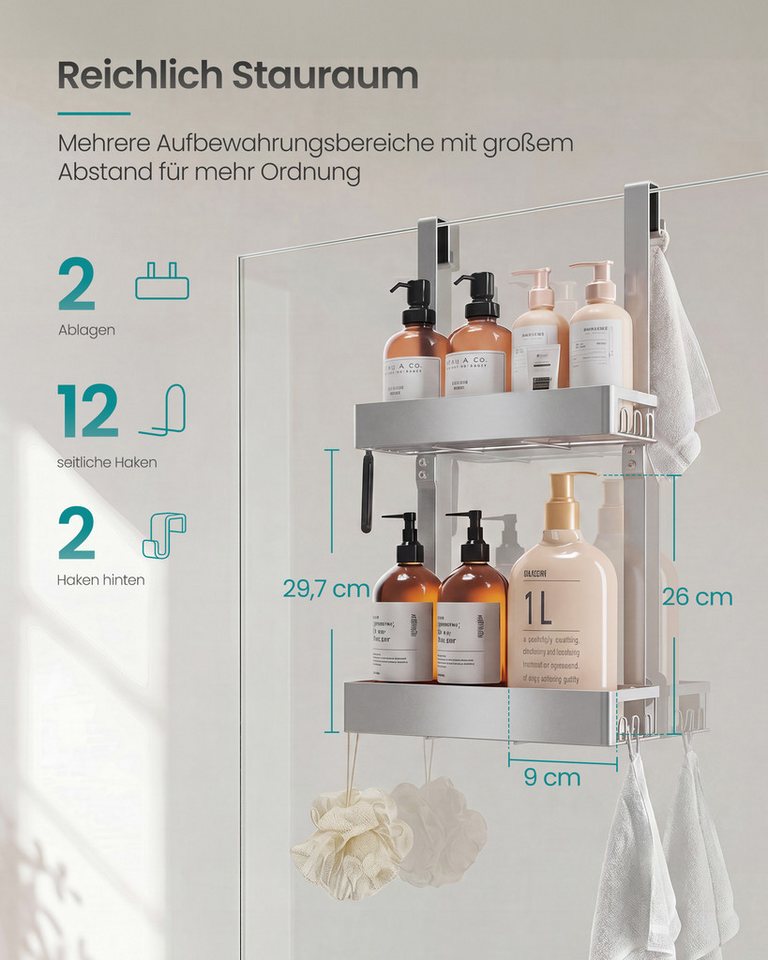 SONGMICS Duschablage Duschregal, 31,5 x 15,5 x 56 cm, 2 Ebenen Badezimmer Organizer mit Haken Bild 4