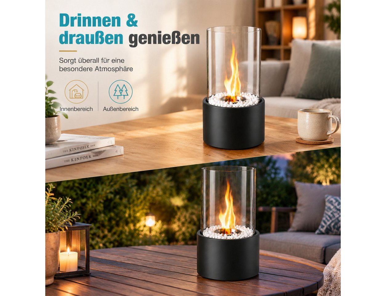Nettlife Tischfeuer Tischfeuerstelle Rund, Ethanol Tischkamin, Glas Dekosteinen, Schwarz (Set, Für Balkon Schlafzimmer Zuhause), Die Party Geschenkideens oder als stilvolle Tischdekoration