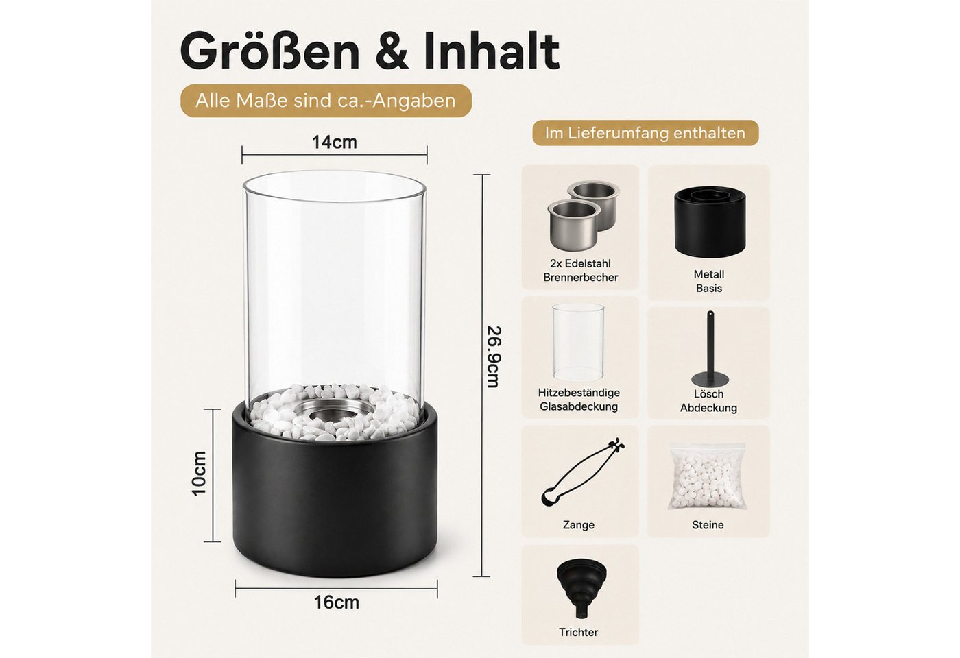 Nettlife Tischfeuer Tischfeuerstelle Rund, Ethanol Tischkamin, Glas Dekosteinen, Schwarz (Set, Für Balkon Schlafzimmer Zuhause), Die Party Geschenkideens oder als stilvolle Tischdekoration Bild 3