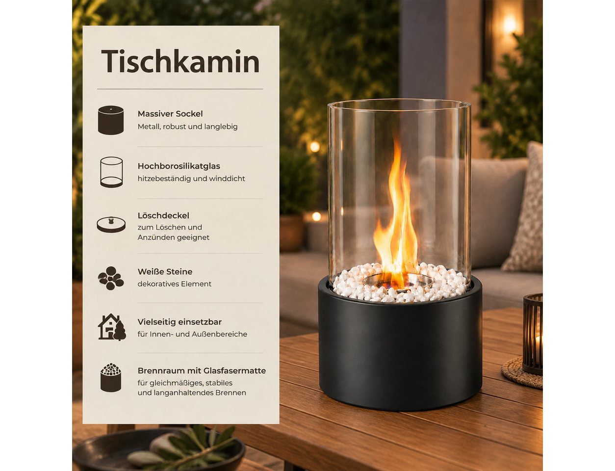 Nettlife Tischfeuer Tischfeuerstelle Rund, Ethanol Tischkamin, Glas Dekosteinen, Schwarz (Set, Für Balkon Schlafzimmer Zuhause), Die Party Geschenkideens oder als stilvolle Tischdekoration Bild 4