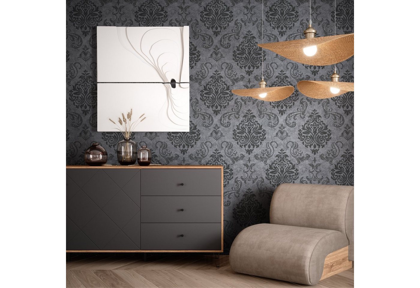 Newroom Vliestapete Muster Tapete Wohnzimmer Ornament, Schwarz Barocktapete Barock Ornament - Grau Anthrazit Glamour für Büro Diele/Flur Schlafen, modern