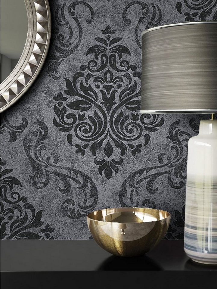 Newroom Vliestapete Muster Tapete Wohnzimmer Ornament, Schwarz Barocktapete Barock Ornament - Grau Anthrazit Glamour für Büro Diele/Flur Schlafen, modern Bild 2