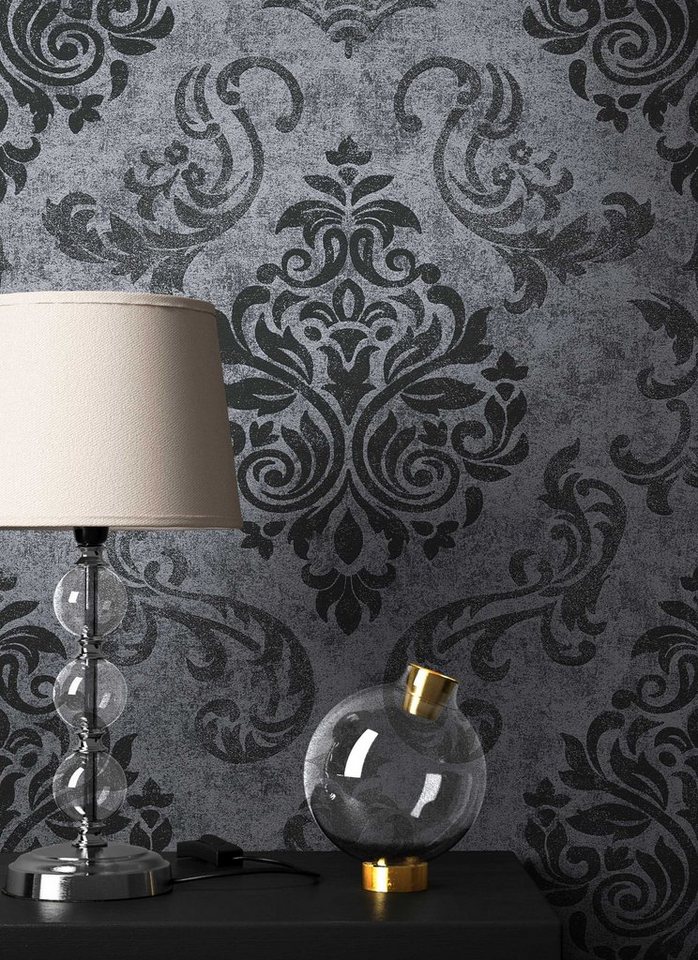 Newroom Vliestapete Muster Tapete Wohnzimmer Ornament, Schwarz Barocktapete Barock Ornament - Grau Anthrazit Glamour für Büro Diele/Flur Schlafen, modern Bild 4
