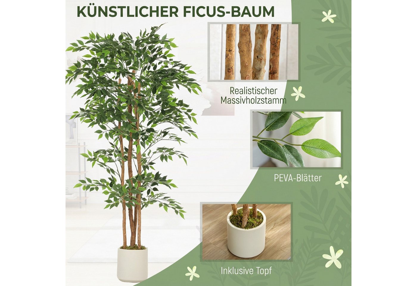 Kunstpflanze Künstliche Pflanze wie echt, Deko mit Massivholzstamm, Topf Banyanbaum, HOMCOM, Höhe 180 cm, für Wohnzimmer, Schlafzimmer, Büro, Garten, Grün Bild 3