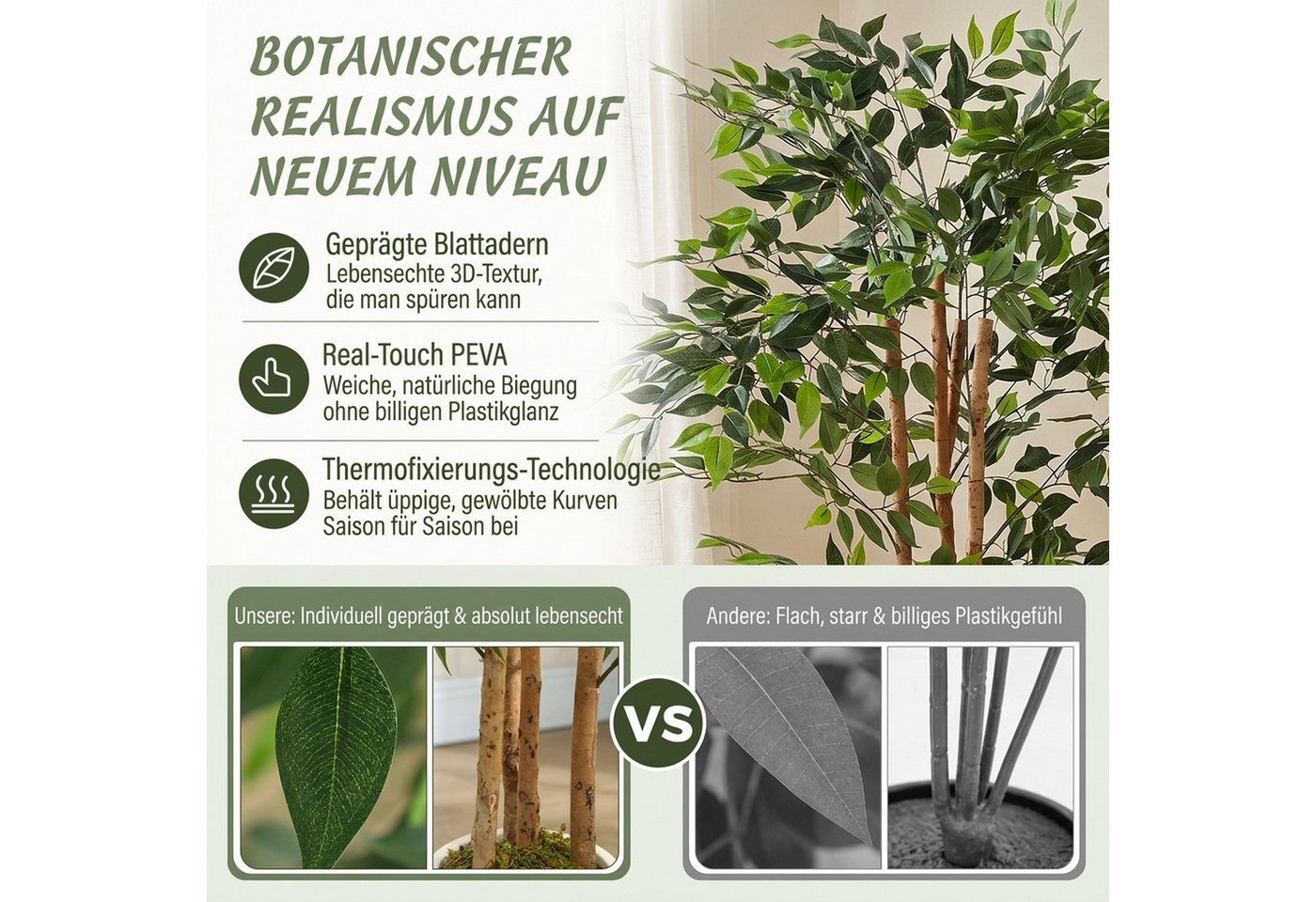 Kunstpflanze Künstliche Pflanze wie echt, Deko mit Massivholzstamm, Topf Banyanbaum, HOMCOM, Höhe 180 cm, für Wohnzimmer, Schlafzimmer, Büro, Garten, Grün Bild 4