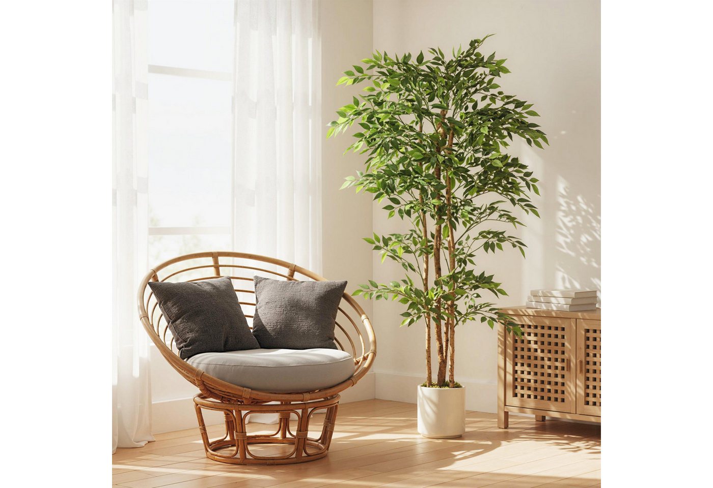 Kunstpflanze Künstliche Pflanze wie echt, Deko mit Massivholzstamm, Topf Banyanbaum, HOMCOM, Höhe 180 cm, für Wohnzimmer, Schlafzimmer, Büro, Garten, Grün Bild 5