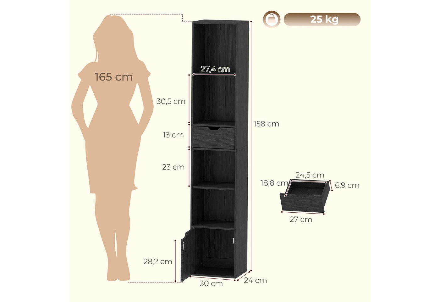 HOMCOM Bücherregal Büroregal mit 6 Ebenen, Set 1-tlg., Verstellbarer Boden, Kippschutz, Schublade Bild 2