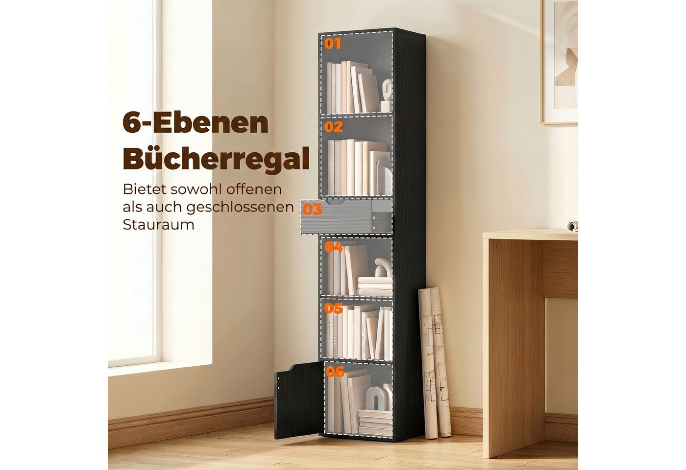 HOMCOM Bücherregal Büroregal mit 6 Ebenen, Set 1-tlg., Verstellbarer Boden, Kippschutz, Schublade Bild 3