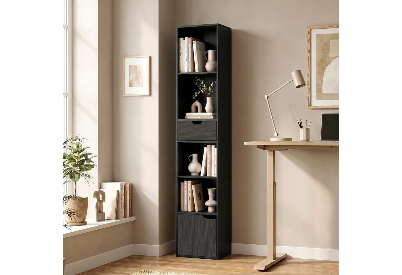 HOMCOM Bücherregal Büroregal mit 6 Ebenen, Set 1-tlg., Verstellbarer Boden, Kippschutz, Schublade Bild 5