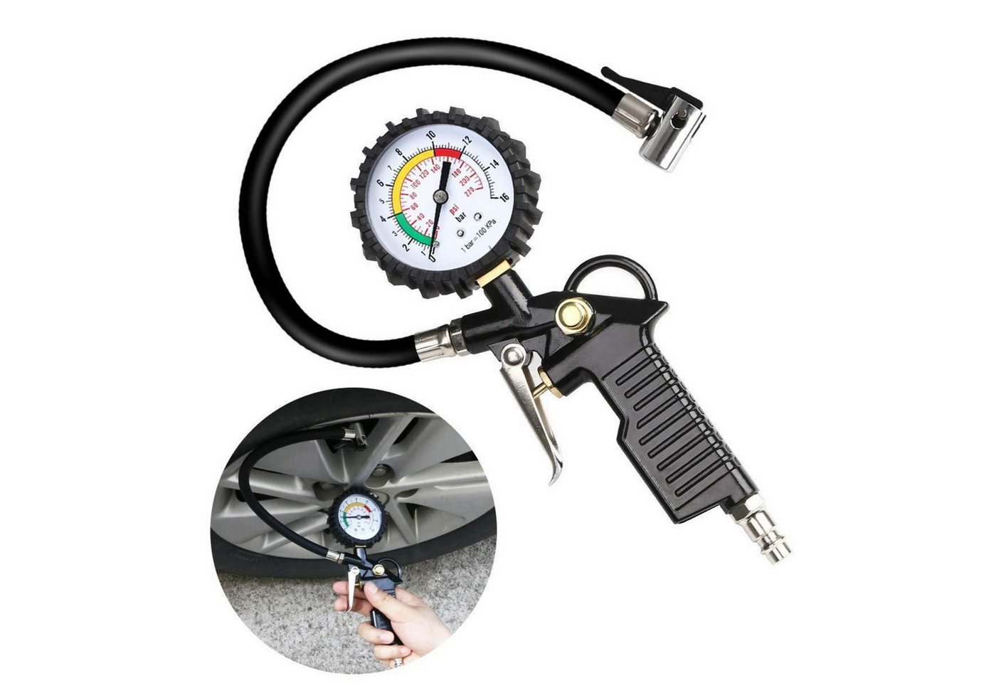 LuxusKollektion Reifenfüllmessgerät Luftdruckprüfer Reifenfüller 220 PSI Schwarz Multifunktion Ventil Bild 4