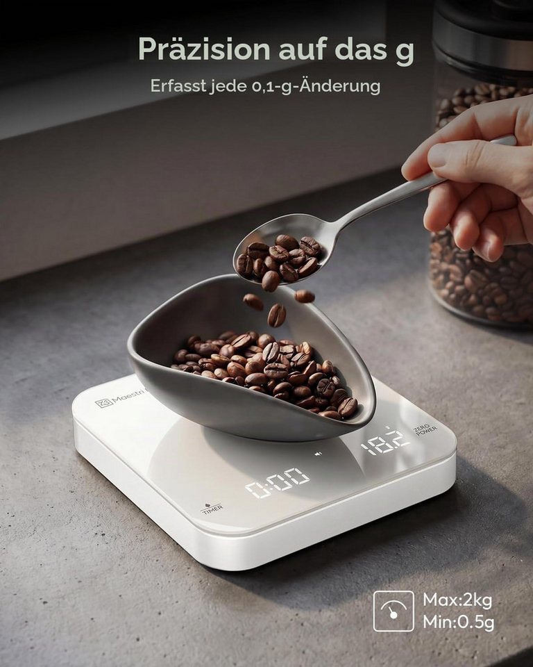 Maestri House Küchenwaage K112 Espressowaage mit Auto-Timer, 0,1 g / 2 kg, (1-tlg., Glasoberfläche für Espresso und Pour Over), Touch-Bedienung, USB-C, Tara, Stummschaltung Bild 4