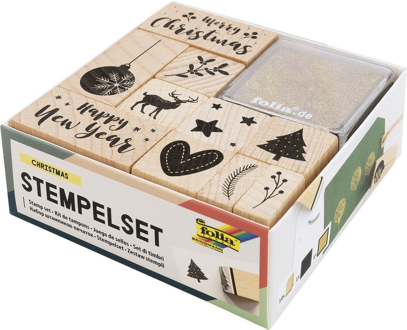 Folia Stempel Folia Holzstempel-Set CHRISTMAS, inkl. 10 Holzstempel und 2 Stempelkis
