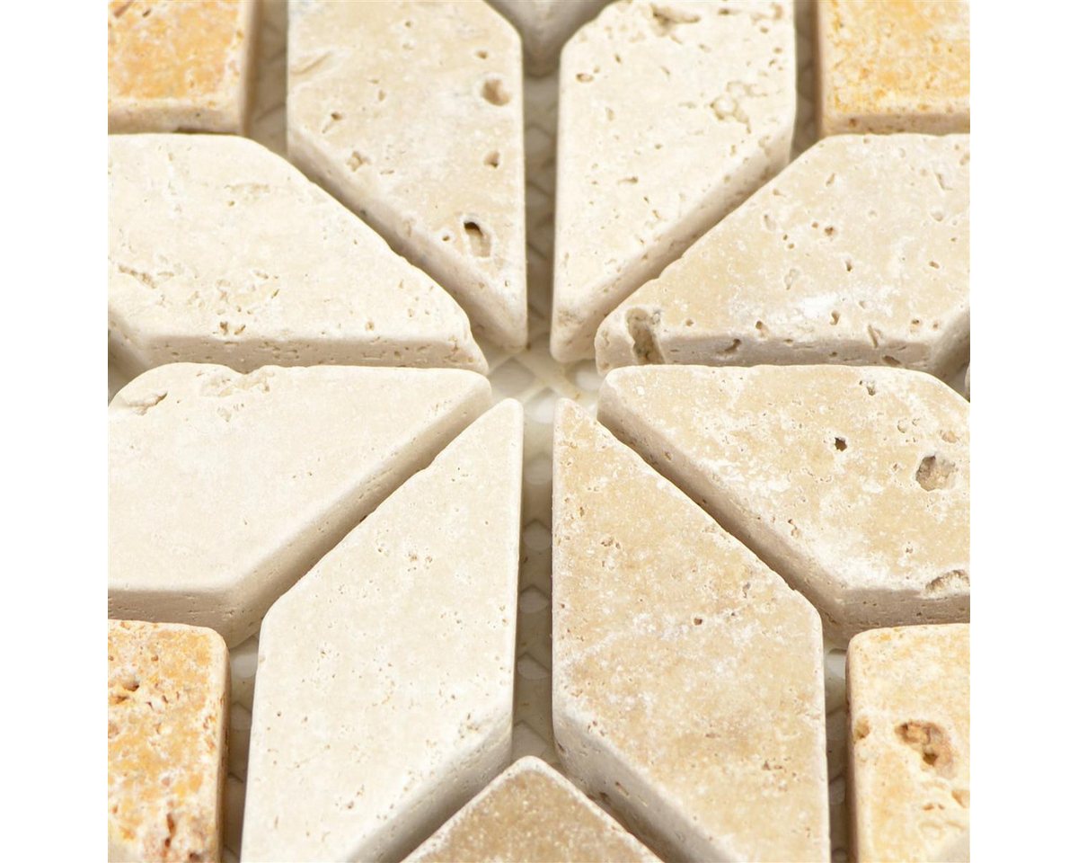 Mosafil Mosaikfliesen Naturstein Rosone Drexel Braun Beige Gold 10x10cm, Naturstein-Travertin 10.000x10.000, gold-beige-braun, Verlegefertig auf ein Netz geklebt - Frostsicher - Wasserfest -