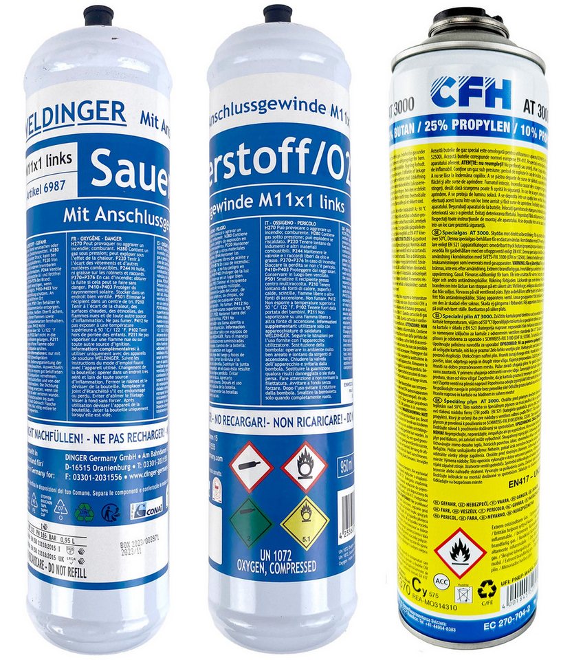 WELDINGER Gas Set 2x Sauerstoff Einwegflaschen 1x Brenngas AT3000 für CFH Schweißfix Bild 5
