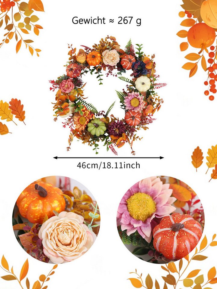Sorvyzxn Dekokranz Herbst Kranz mit Kürbissen, Künstlicher Blumenkranz 46 cm, Halloween Türkranz für Haustür Wand Fenster, Thanksgiving