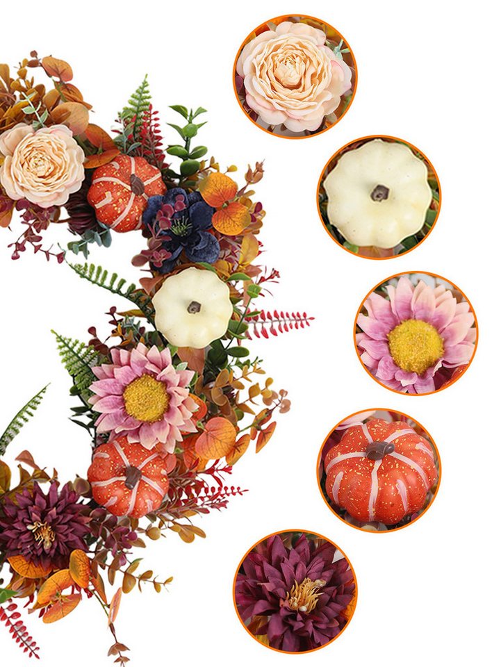 Sorvyzxn Dekokranz Herbst Kranz mit Kürbissen, Künstlicher Blumenkranz 46 cm, Halloween Türkranz für Haustür Wand Fenster, Thanksgiving Bild 2