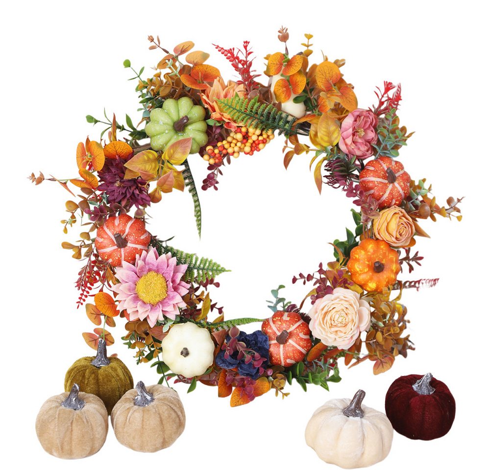 Sorvyzxn Dekokranz Herbst Kranz mit Kürbissen, Künstlicher Blumenkranz 46 cm, Halloween Türkranz für Haustür Wand Fenster, Thanksgiving Bild 3