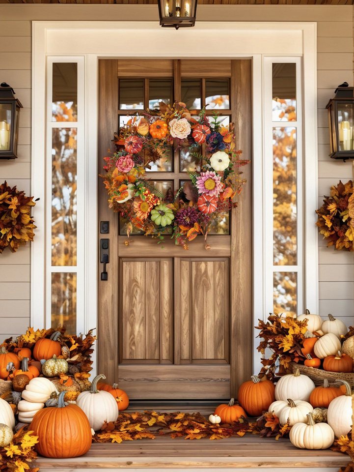 Sorvyzxn Dekokranz Herbst Kranz mit Kürbissen, Künstlicher Blumenkranz 46 cm, Halloween Türkranz für Haustür Wand Fenster, Thanksgiving Bild 4