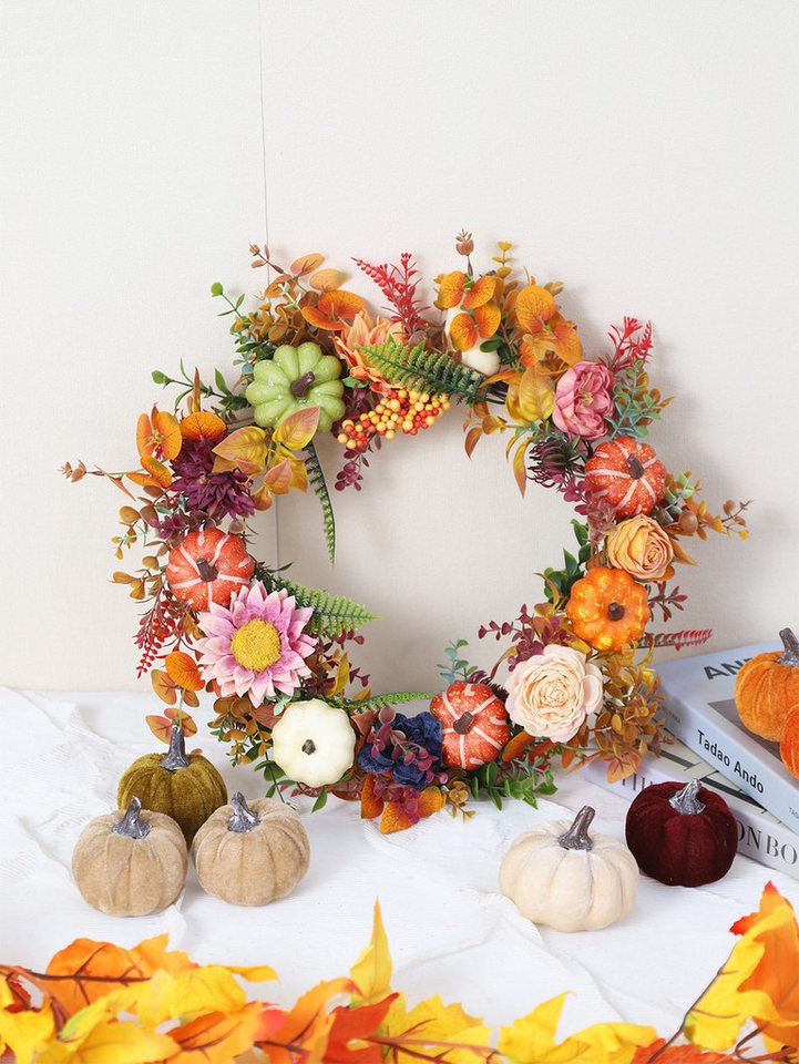 Sorvyzxn Dekokranz Herbst Kranz mit Kürbissen, Künstlicher Blumenkranz 46 cm, Halloween Türkranz für Haustür Wand Fenster, Thanksgiving Bild 5