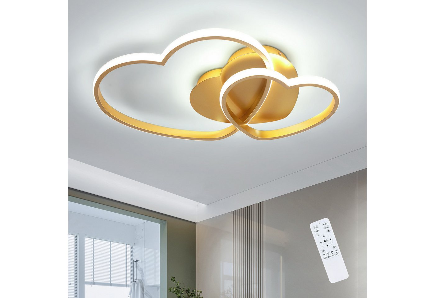 Riserva LED Deckenleuchte LED Deckenleuchte Herz Gold 39W, dimmbar, 3000K–6500K, Fernbedienung