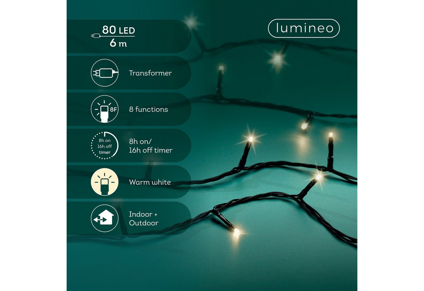 Lumineo LED-Lichterkette, LED Lichterkette 6m Basic mit Trafo 80 LEDs Warmweiß / Schwarz Bild 3