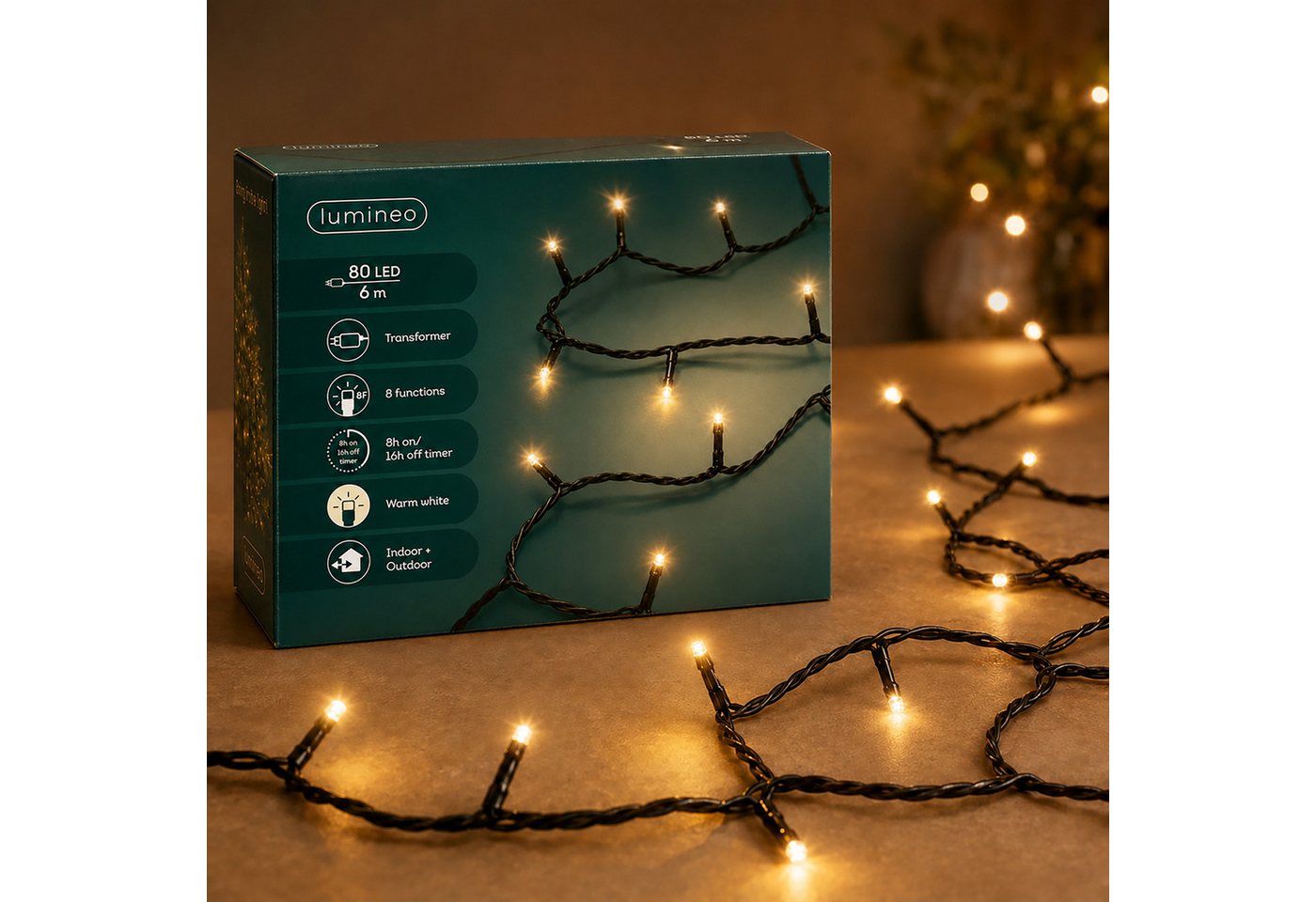 Lumineo LED-Lichterkette, LED Lichterkette 6m Basic mit Trafo 80 LEDs Warmweiß / Schwarz Bild 5