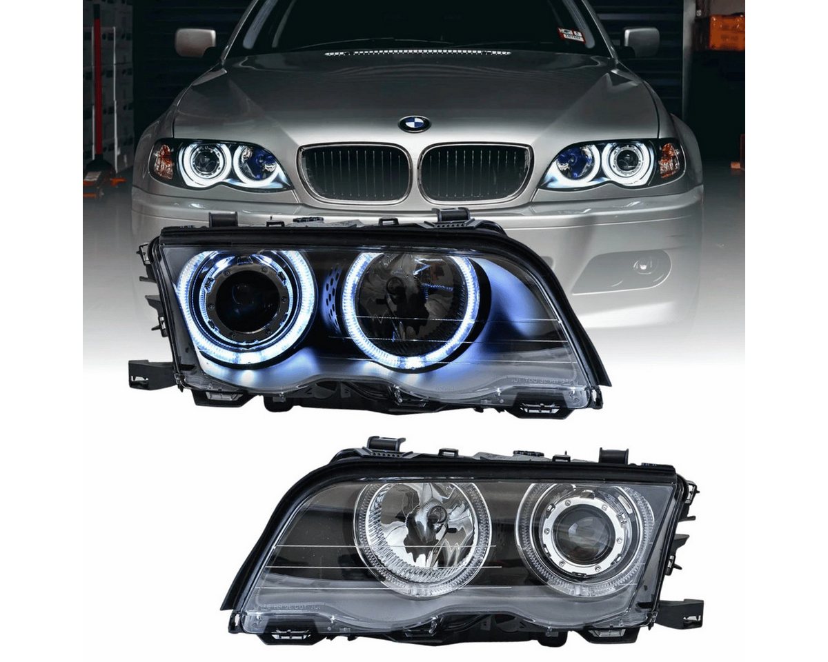 CR Lights LED Scheinwerfer LED Angel Eyes Scheinwerfer Set für BMW 3er E46 2001-03.2005 schwarz, weiß, LED Angel Eyes Standlichtringe, E-geprüft und eintragungsfrei