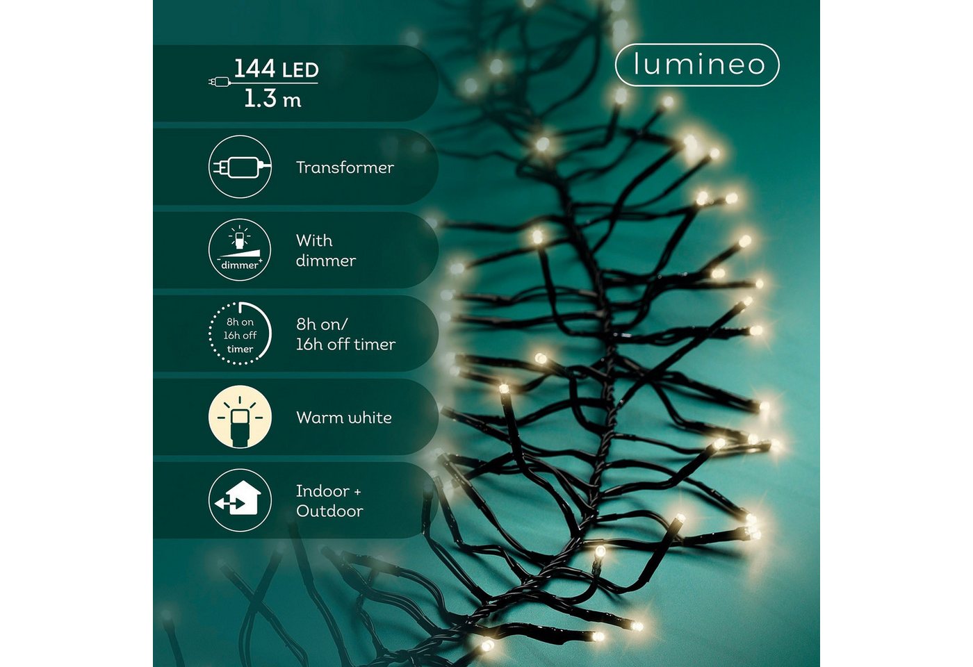 Lumineo LED-Lichterkette Lumineo Lichterkette CLUSTER 144 LED 1,3 m warm weiß, schwarzes Kabel, Indoor/Outdoor, dimmbar, 8h-Timer, + 5 m Zuleitung Bild 3