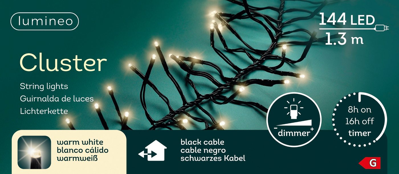 Lumineo LED-Lichterkette Lumineo Lichterkette CLUSTER 144 LED 1,3 m warm weiß, schwarzes Kabel, Indoor/Outdoor, dimmbar, 8h-Timer, + 5 m Zuleitung Bild 4