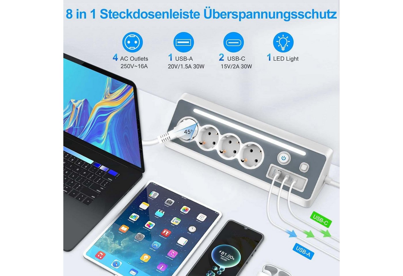 ibettertec Mehrfachsteckdose Würfel mit Magnetpad PD20W 6in1 Mehrfachsteckdose Steckdosenleiste 7-fach (Ein- / Ausschalter, USB-Anschlüsse, Schalterbeleuchtung, 3680W 16A,USB PD 30W, Überspannungsschutz, Kurzschluss, Überladungs, Überspannungs), mit USB, Type-C und LED Licht, für Küche Büro Schlafzimmer Wohnzi Bild 4