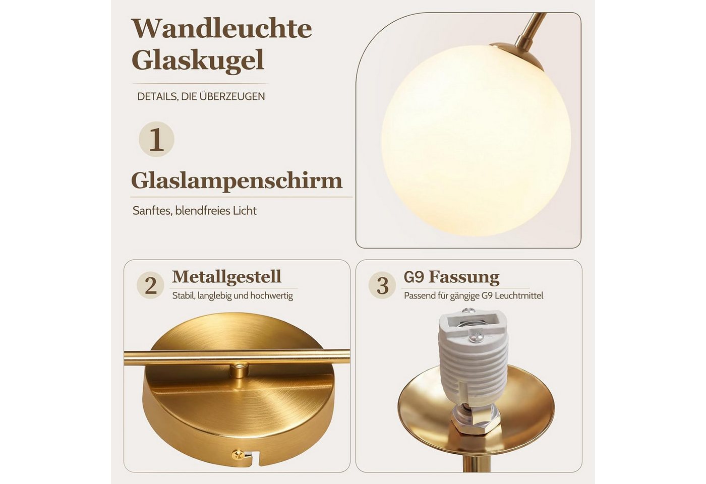 ZMH Wandleuchte Goldfarbene runde Form G9 milchweiße Glaskugel geschwungener Lampenarm, ohne Leuchtmittel, Ø47cm, max. 6W, ohne Leuchtmittel, für Schlafzimmer, Wohnzimmer