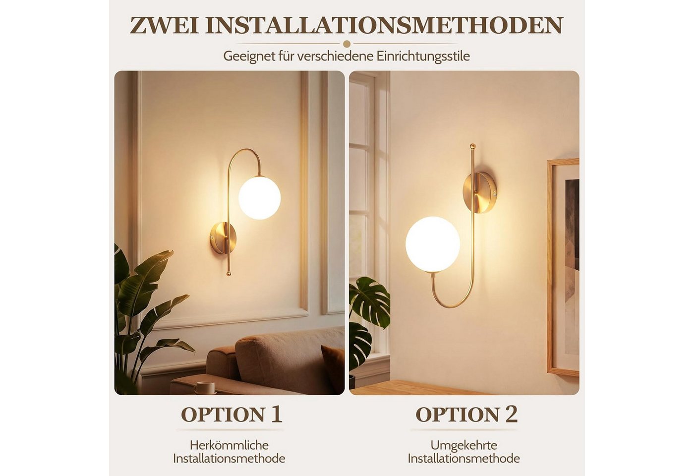 ZMH Wandleuchte Goldfarbene runde Form G9 milchweiße Glaskugel geschwungener Lampenarm, ohne Leuchtmittel, Ø47cm, max. 6W, ohne Leuchtmittel, für Schlafzimmer, Wohnzimmer Bild 3