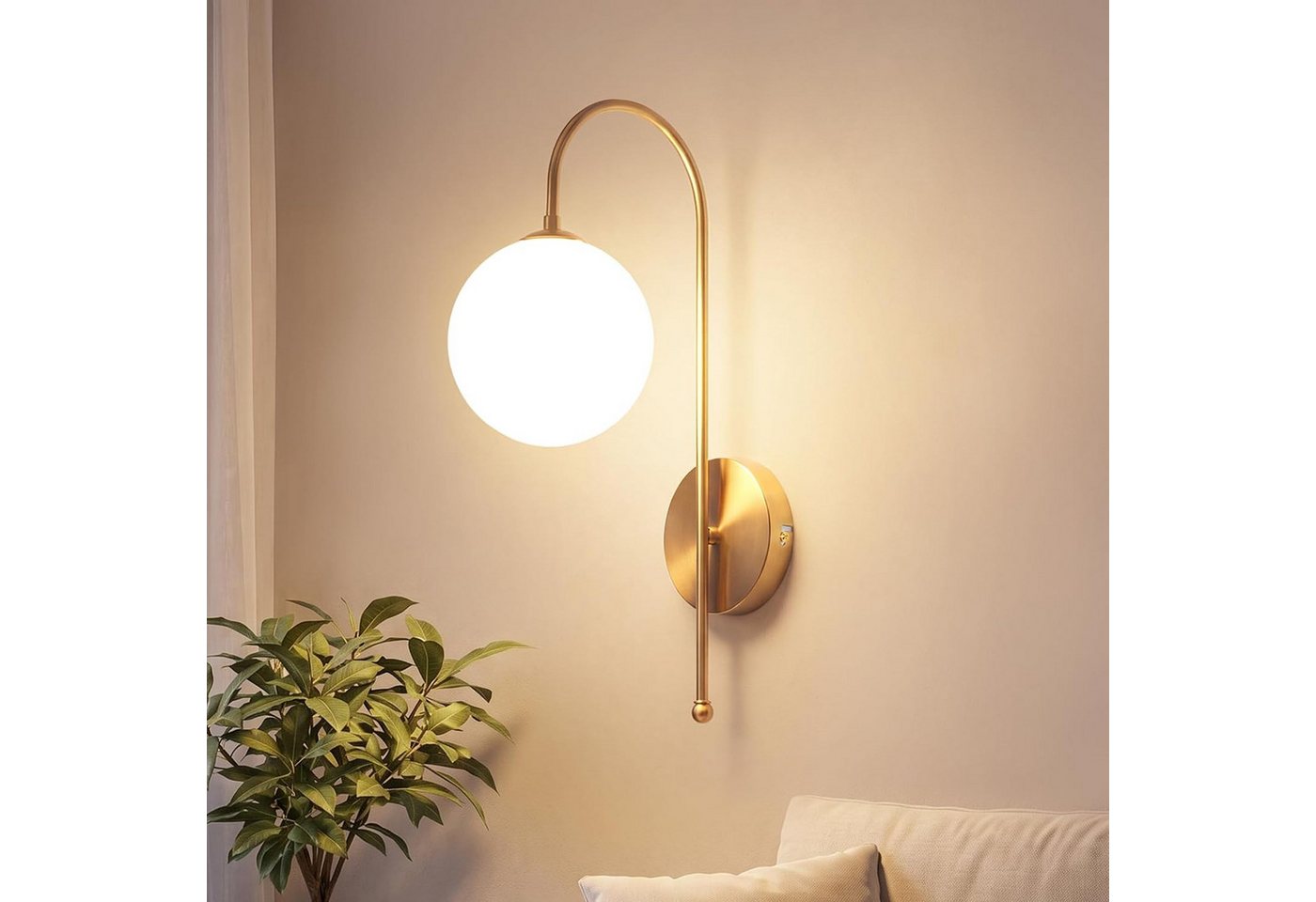 ZMH Wandleuchte Goldfarbene runde Form G9 milchweiße Glaskugel geschwungener Lampenarm, ohne Leuchtmittel, Ø47cm, max. 6W, ohne Leuchtmittel, für Schlafzimmer, Wohnzimmer Bild 4