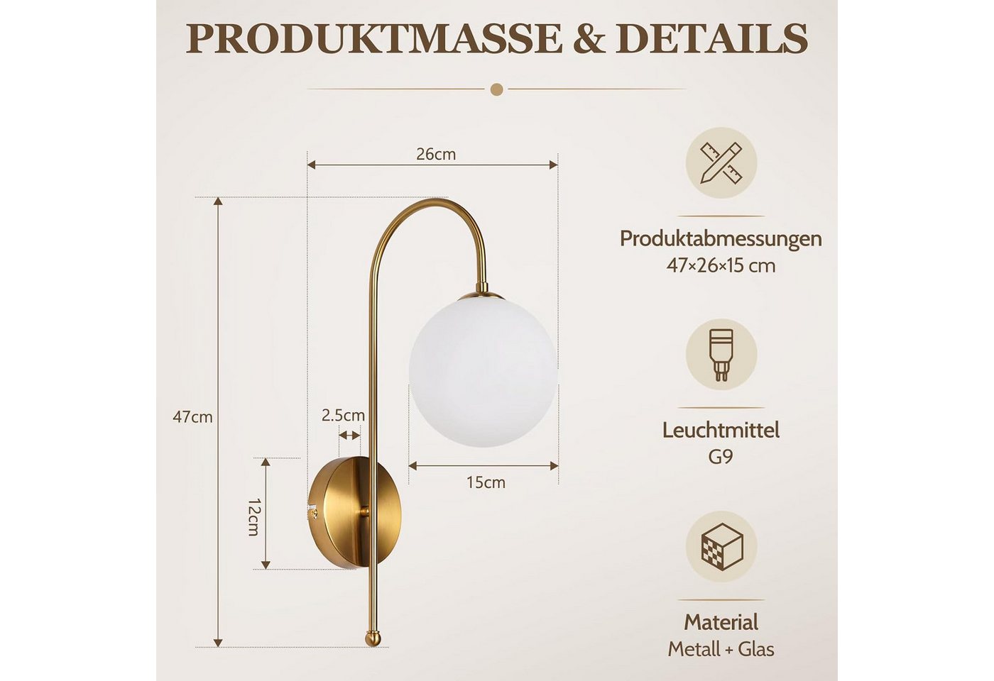 ZMH Wandleuchte Goldfarbene runde Form G9 milchweiße Glaskugel geschwungener Lampenarm, ohne Leuchtmittel, Ø47cm, max. 6W, ohne Leuchtmittel, für Schlafzimmer, Wohnzimmer Bild 5