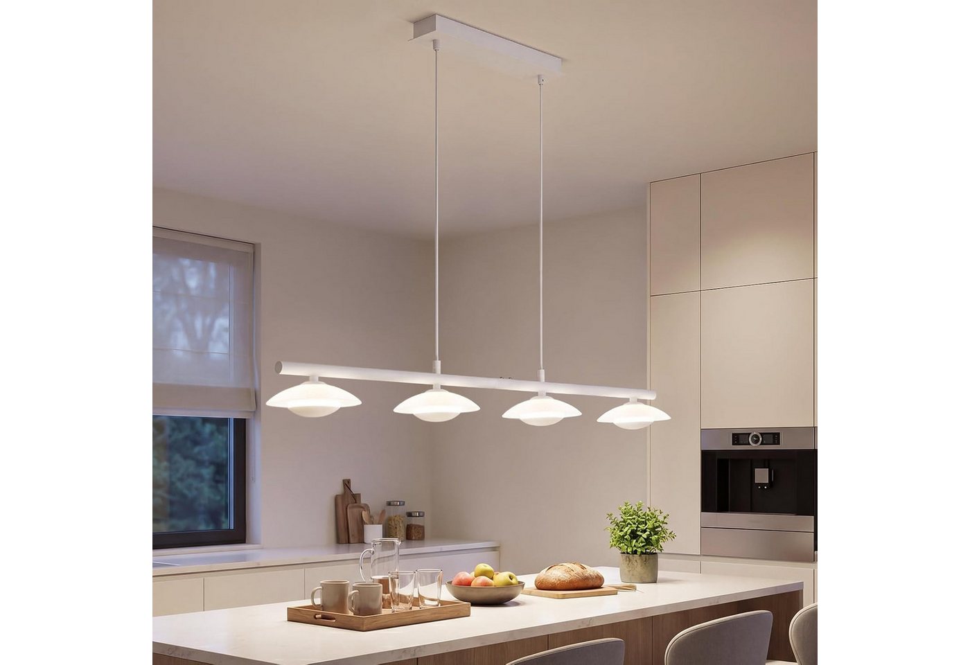 BlingBin LED Pendelleuchte Esstisch Hängelampe 3 Flammig mit Glas, elegante Sandweiß 17W, Eckig-4Flammig, LED fest integriert, Höhenverstellbar Pendelleuchte- für Wohnzimmer, Esszimmer, Hotel