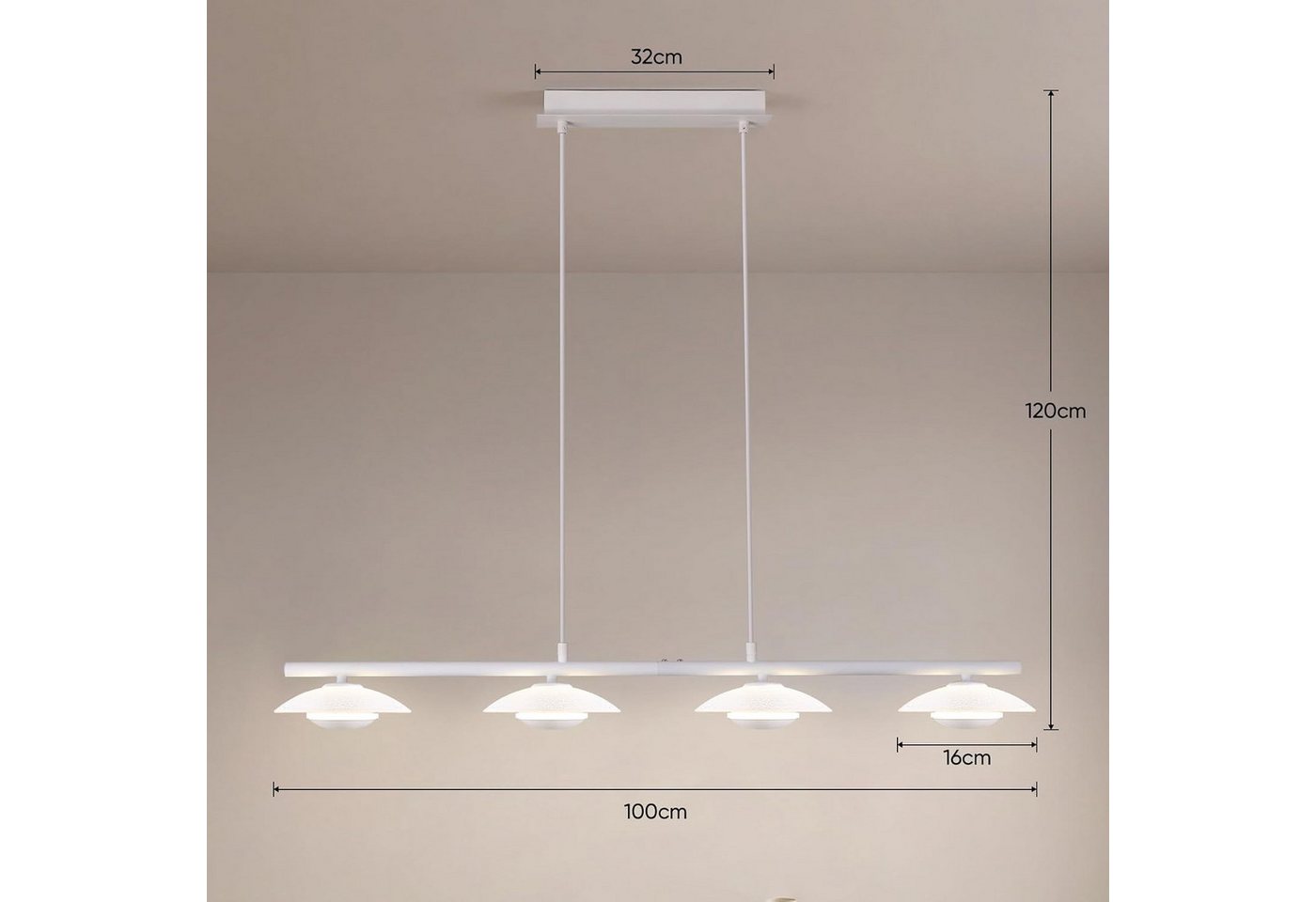 BlingBin LED Pendelleuchte Esstisch Hängelampe 3 Flammig mit Glas, elegante Sandweiß 17W, Eckig-4Flammig, LED fest integriert, Höhenverstellbar Pendelleuchte- für Wohnzimmer, Esszimmer, Hotel Bild 2