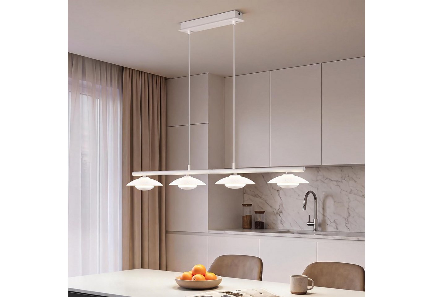 BlingBin LED Pendelleuchte Esstisch Hängelampe 3 Flammig mit Glas, elegante Sandweiß 17W, Eckig-4Flammig, LED fest integriert, Höhenverstellbar Pendelleuchte- für Wohnzimmer, Esszimmer, Hotel Bild 5