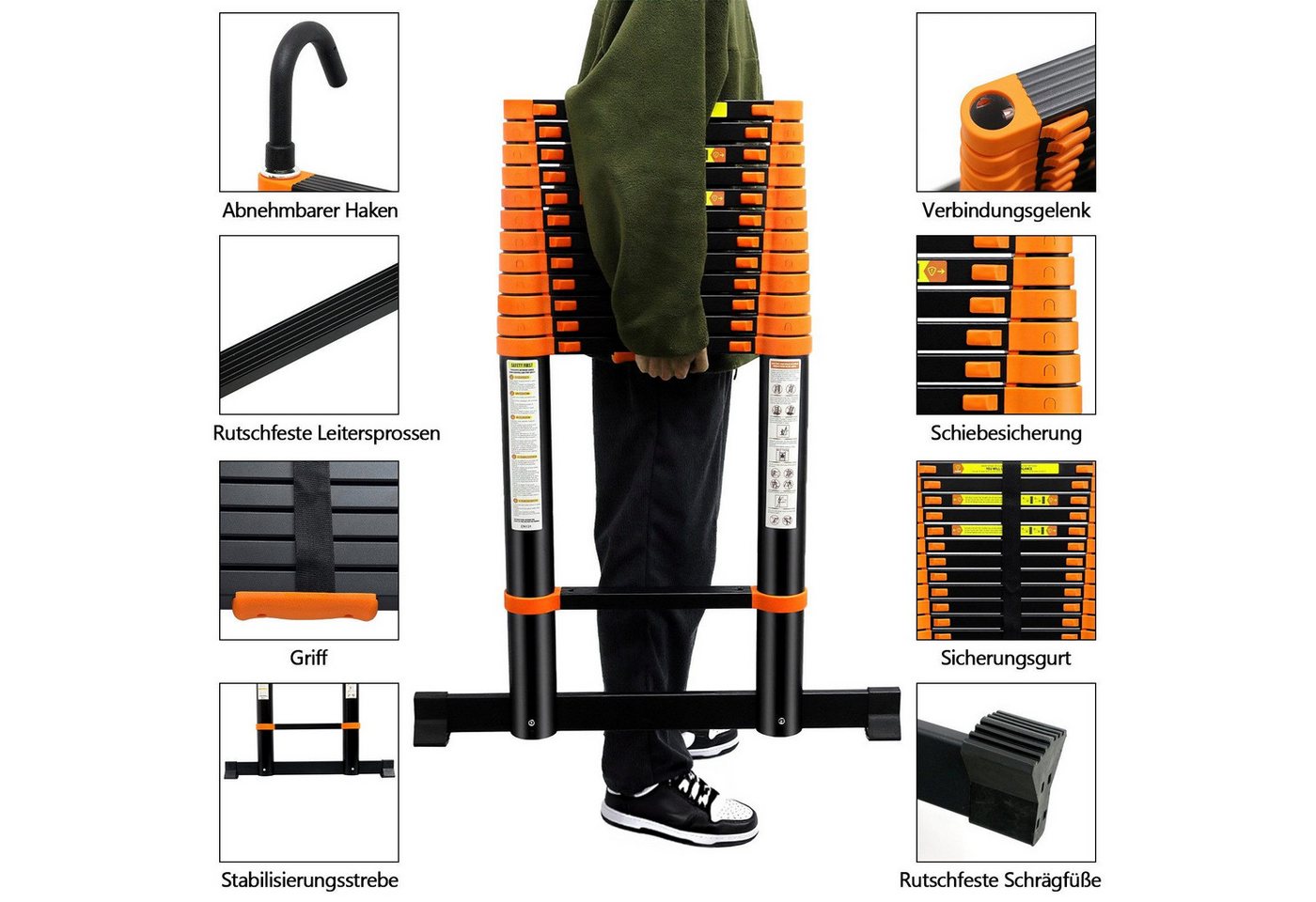 SunJas Teleskopleiter 5M Ausziehleiter Anlegeleiter Multifunktionsleiter bis 150kg (mit abnehmbaren Haken, Außen‑Arbeitsleiter,höhenverstellbare Leiter,schwere Teleskopleiter) Bild 2