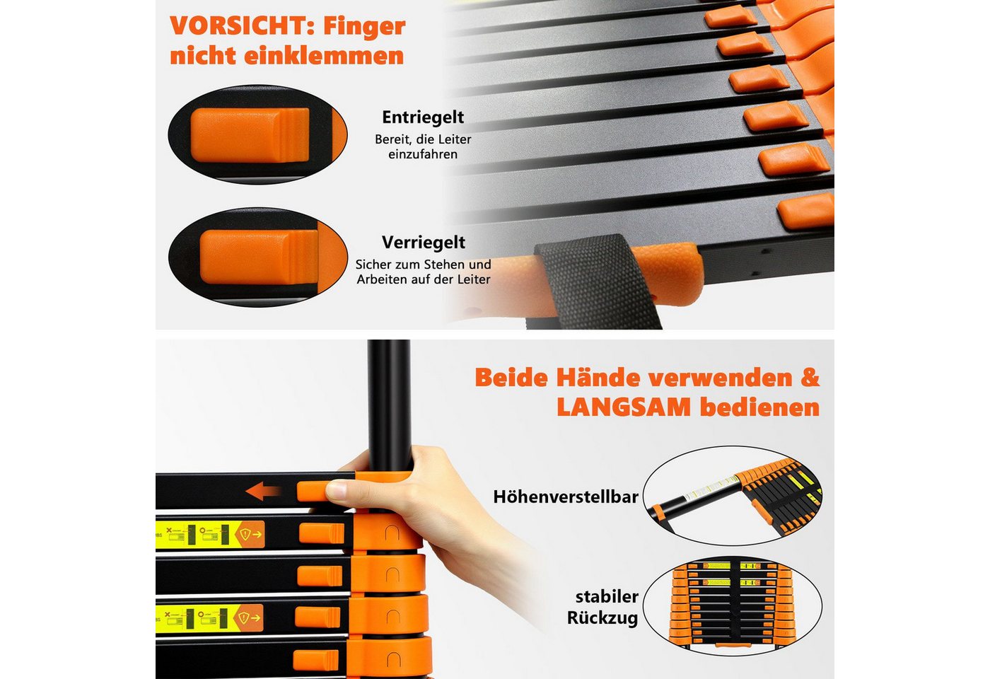 SunJas Teleskopleiter 5M Ausziehleiter Anlegeleiter Multifunktionsleiter bis 150kg (mit abnehmbaren Haken, Außen‑Arbeitsleiter,höhenverstellbare Leiter,schwere Teleskopleiter) Bild 3